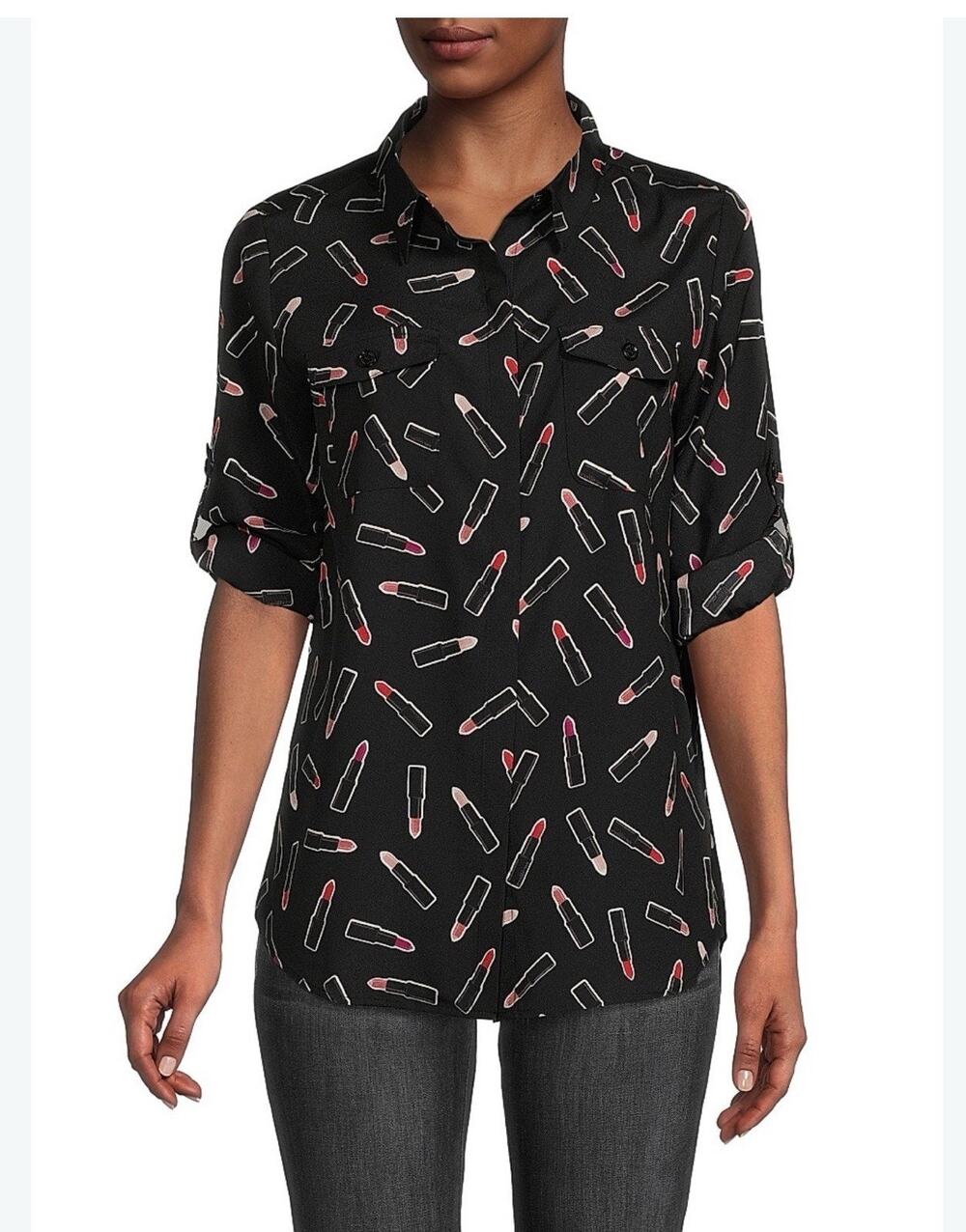 Karl Lagerfeld Paris Women's Lipstick Print Button Down Blouse Shirt Size S NWT